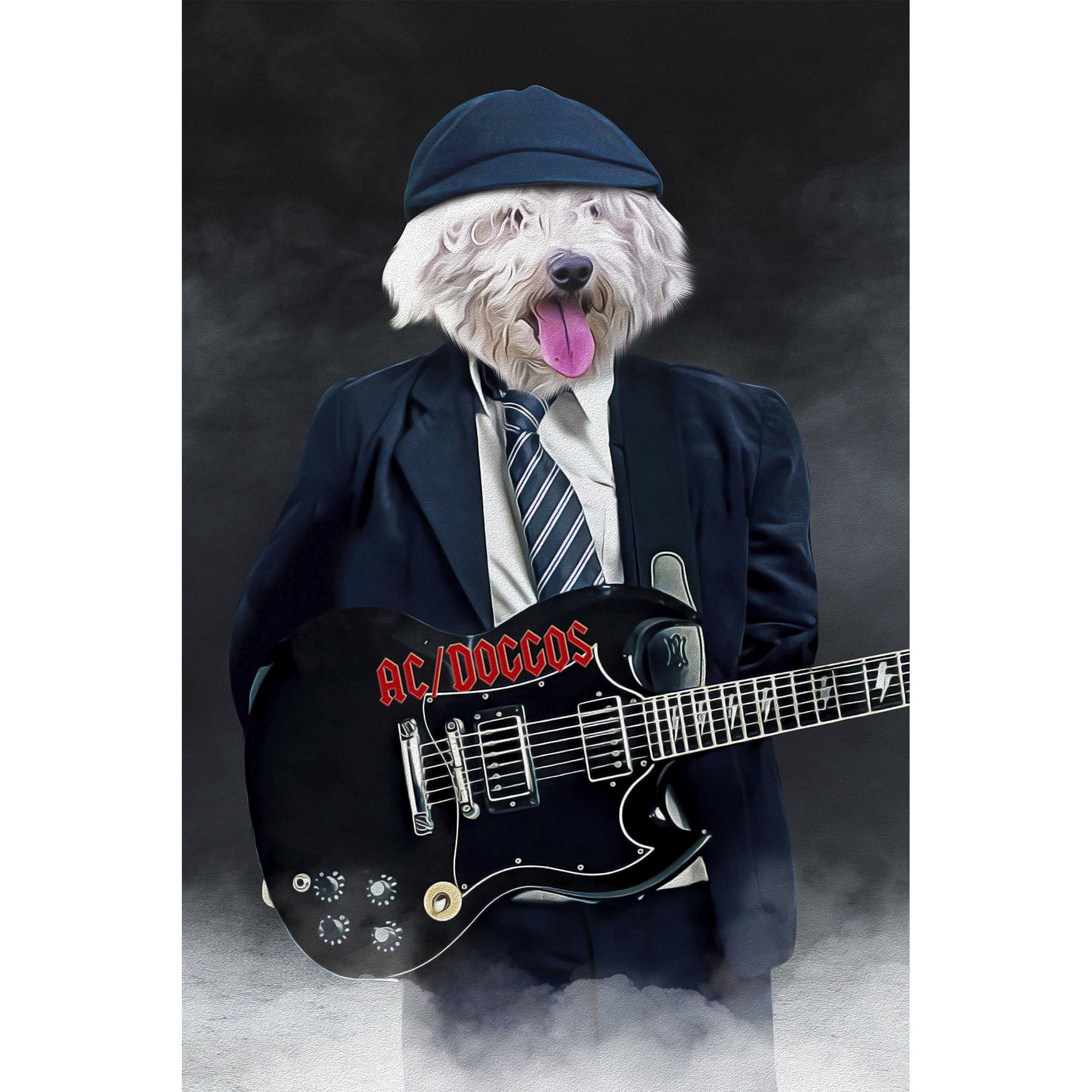 Custom digital portrait of a white dog in a suit and hat, holding an AC/DC-style electric guitar.