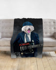 Custom personalized pet blanket with a Doggovinci portrait of a dog playing an electric guitar.