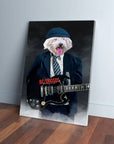 White fluffy dog's head on a body wearing a blue suit, tie, and cap, holding a black AC/DOGGO guitar on a canvas.