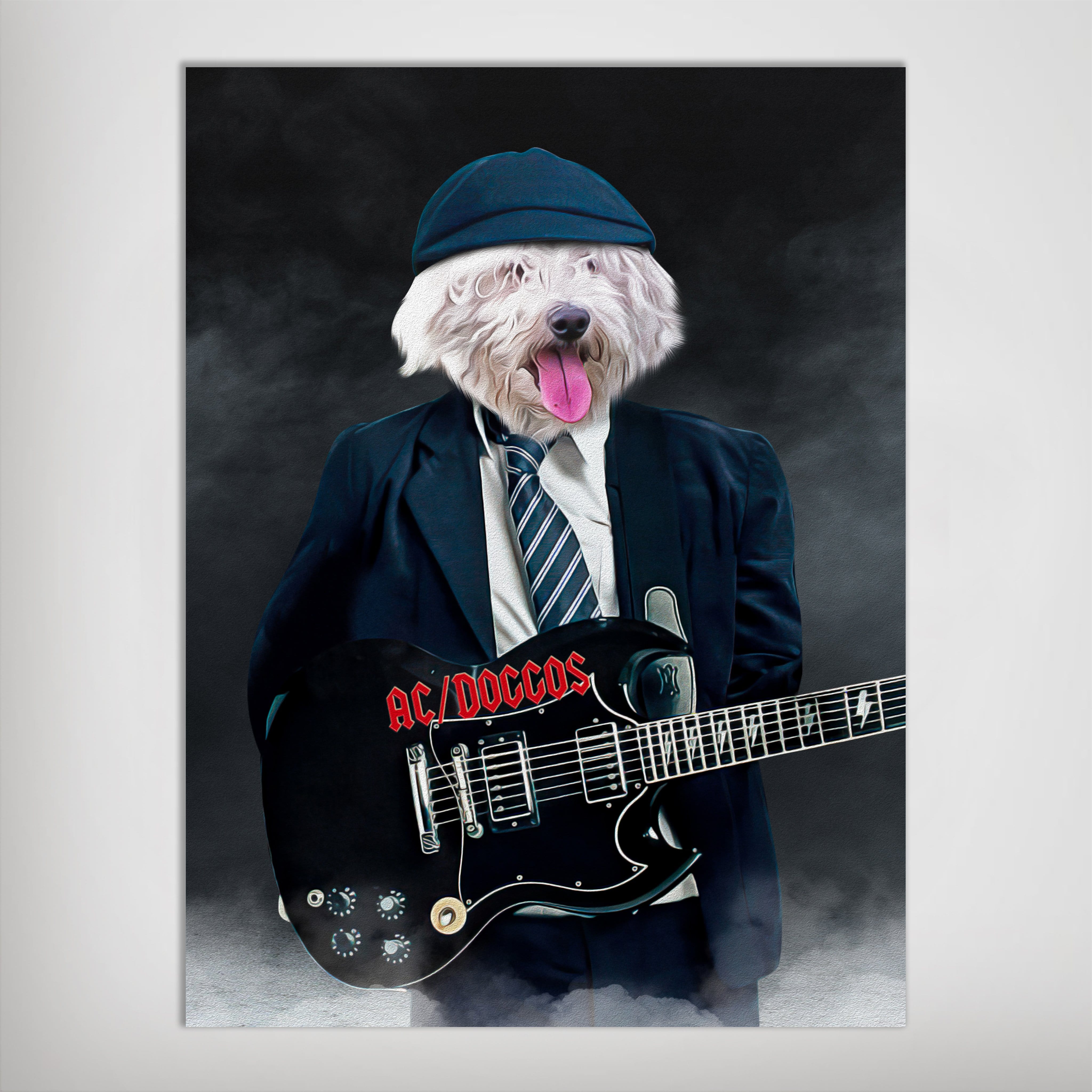 Personalized matte poster featuring a white fluffy dog in a navy suit, cap, and tie, holding a black electric guitar with "AC/DOGGOS" in red.