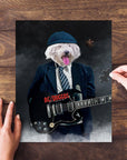 Personalized AC/Doggo pet puzzle featuring a white dog in a suit playing a black guitar.
