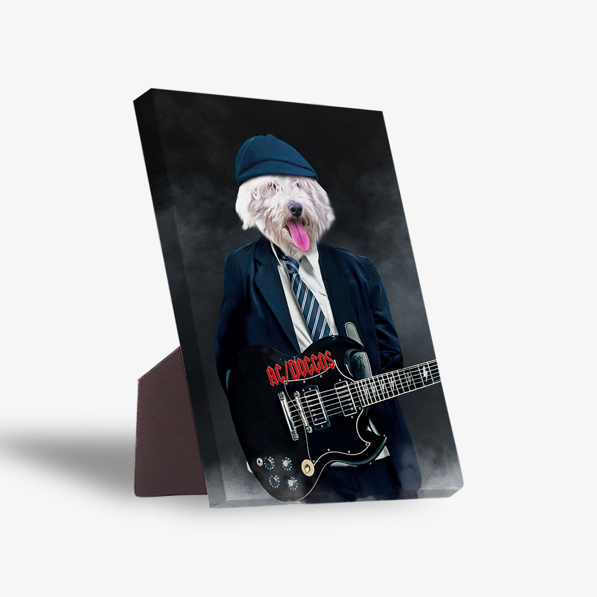 Personalized pet standing canvas featuring a white fluffy dog in a suit and hat, playing a black electric guitar.