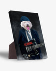 Personalized pet standing canvas featuring a white fluffy dog in a suit and hat, playing a black electric guitar.