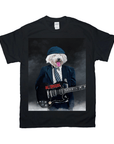 Black Gildan t-shirt with a white dog in a suit, hat, and tie, playing a black electric guitar with "AC/DOGGO" on it.