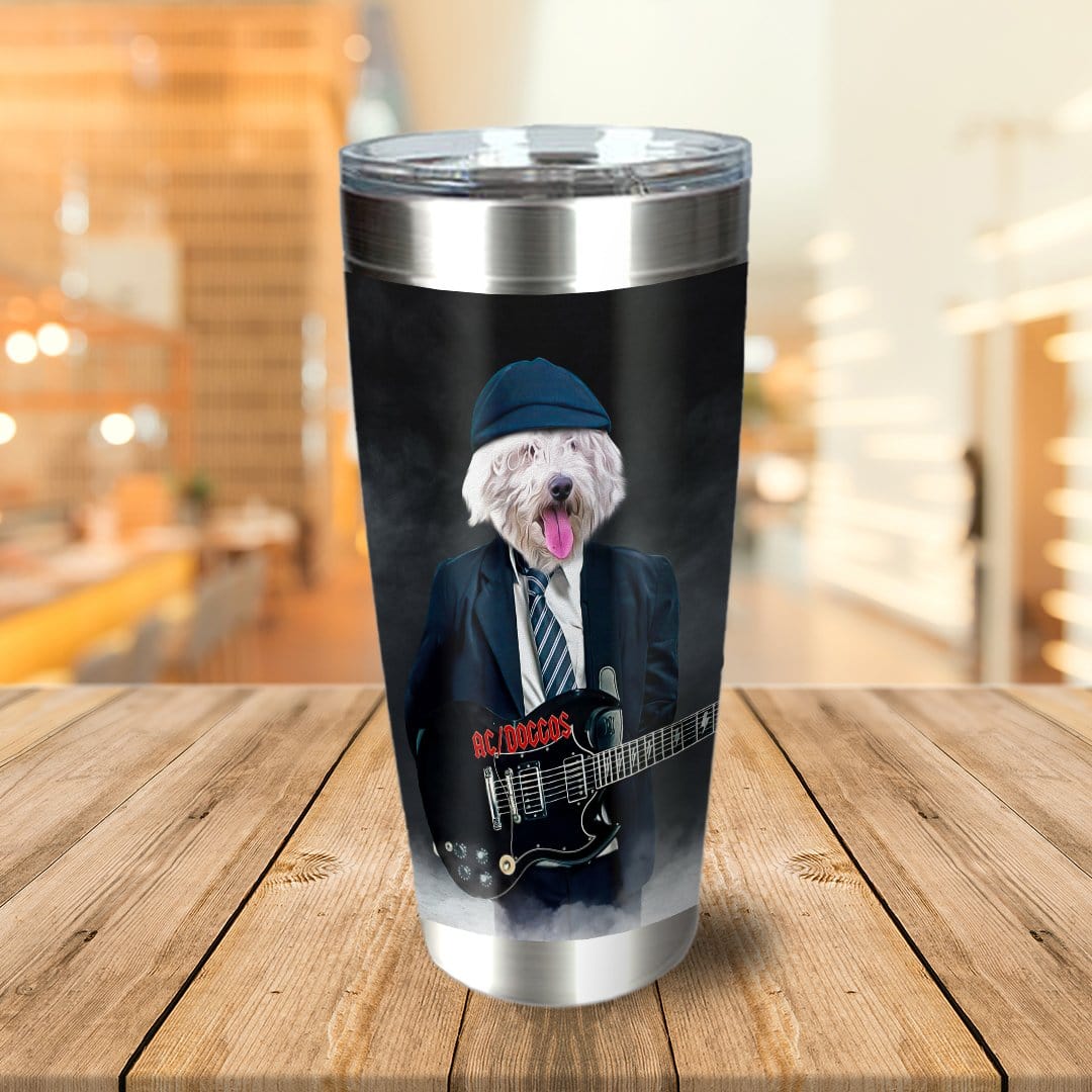 Personalized stainless steel tumbler with a custom cartoon portrait of a white dog in a suit playing guitar.