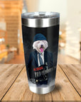 Personalized stainless steel tumbler with a custom cartoon portrait of a white dog in a suit playing guitar.