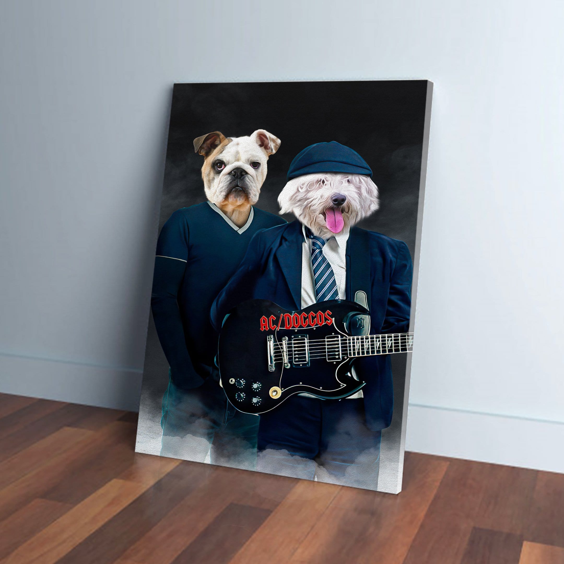 Custom AC/Doggos pet canvas featuring a bulldog and a white fluffy dog in rock band outfits.