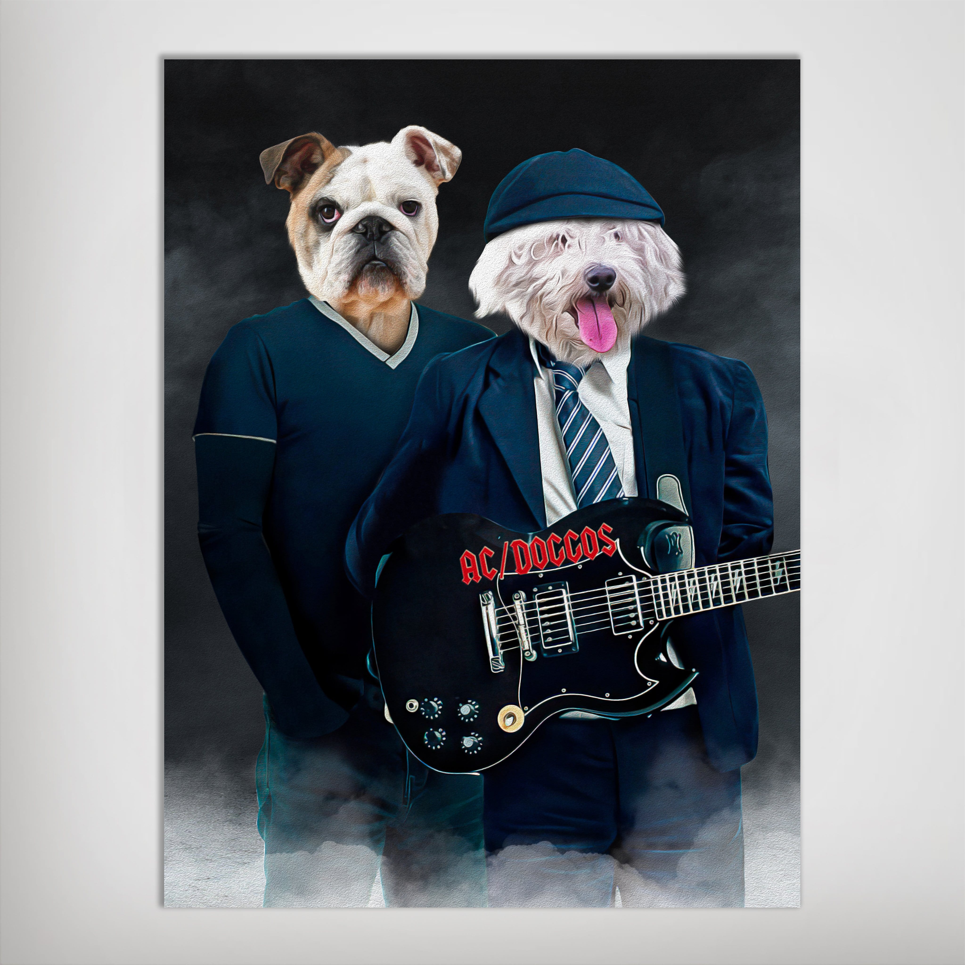 Personalized AC/Doggos poster featuring two pets as rock stars, one in a blue shirt, the other in a suit with a black guitar.