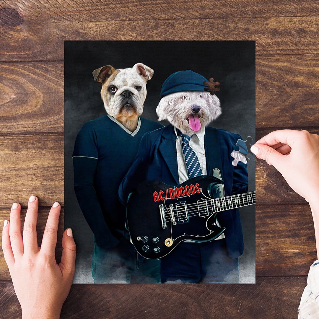 Personalized AC/Doggos 2 pet puzzle featuring a bulldog and a white fluffy dog playing guitar.