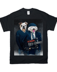 Black Gildan unisex t-shirt featuring two dogs dressed as AC/DC band members, one playing a black guitar.
