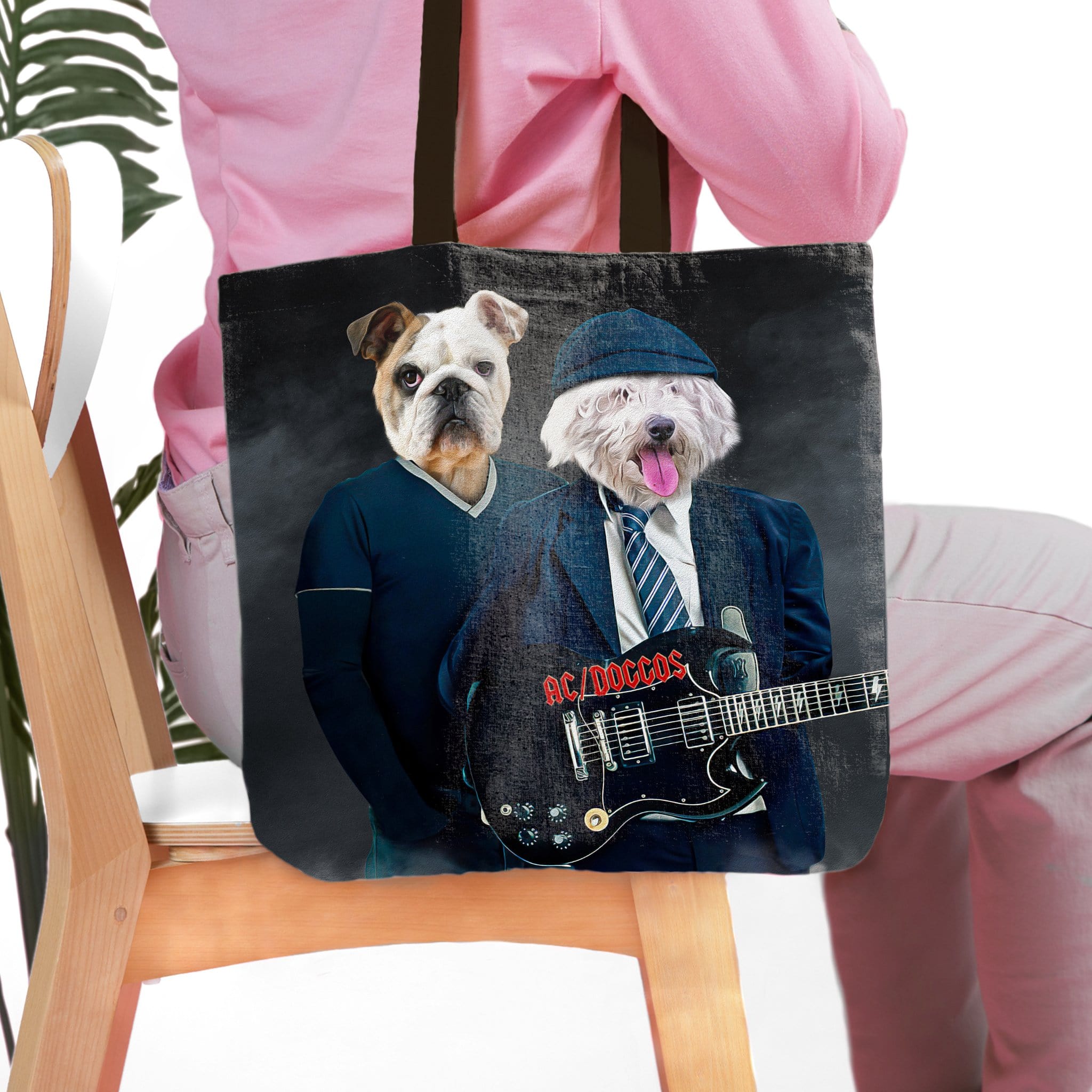 Personalized AC/Doggos 2-pet tote bag featuring custom dog portraits in rock band attire.