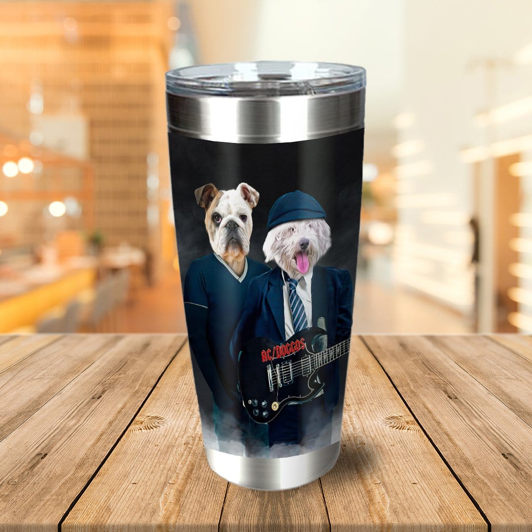 Personalized stainless steel tumbler with two pet portraits in AC/DC rock band costumes.