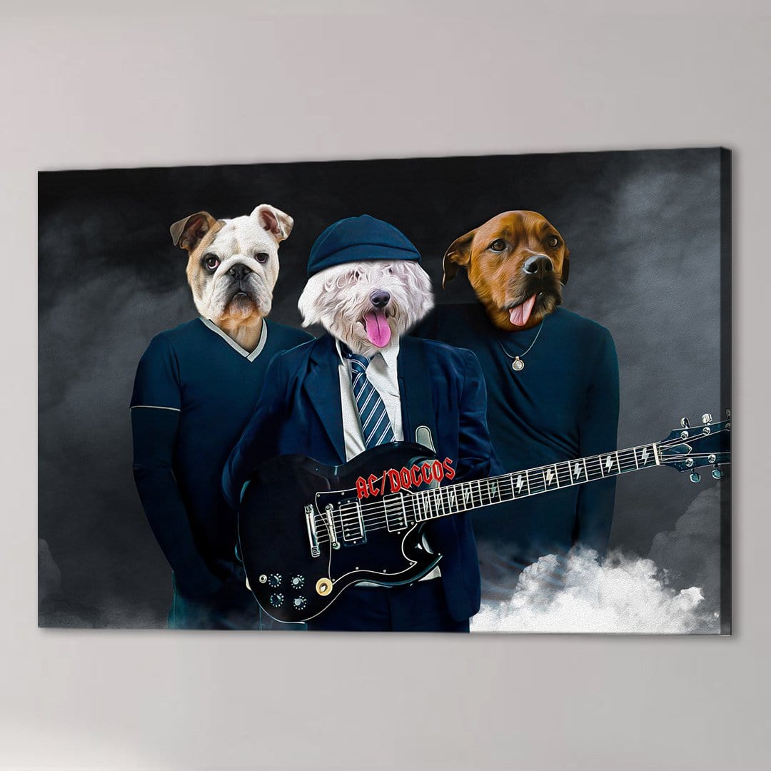 Personalized AC/Doggos canvas featuring three pets as rock band members with a black electric guitar.