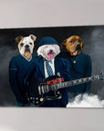 Personalized AC/Doggos canvas featuring three pets as rock band members with a black electric guitar.