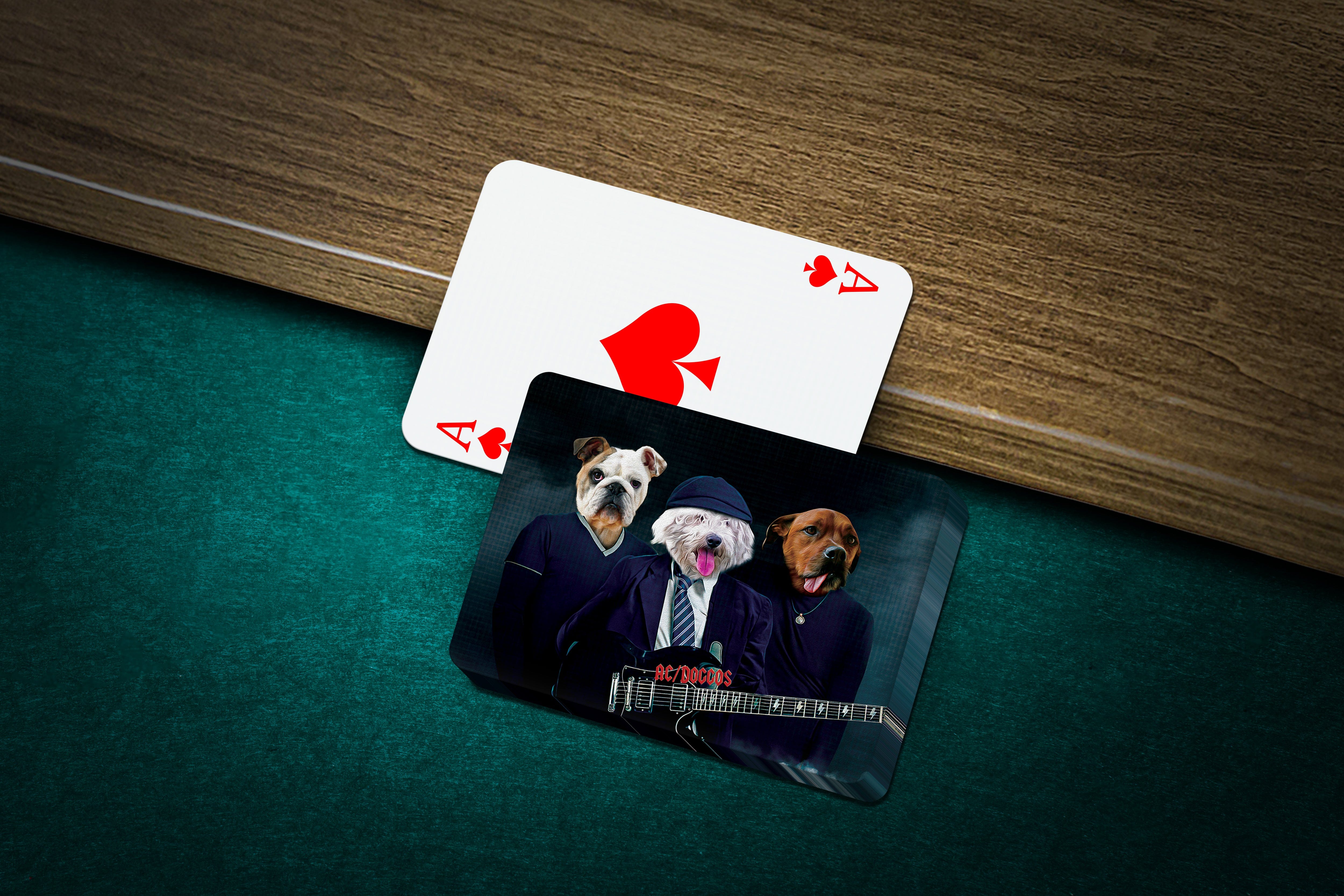 Custom AC/Doggos personalized playing cards featuring three pets in a band, with an Ace of Spades card.