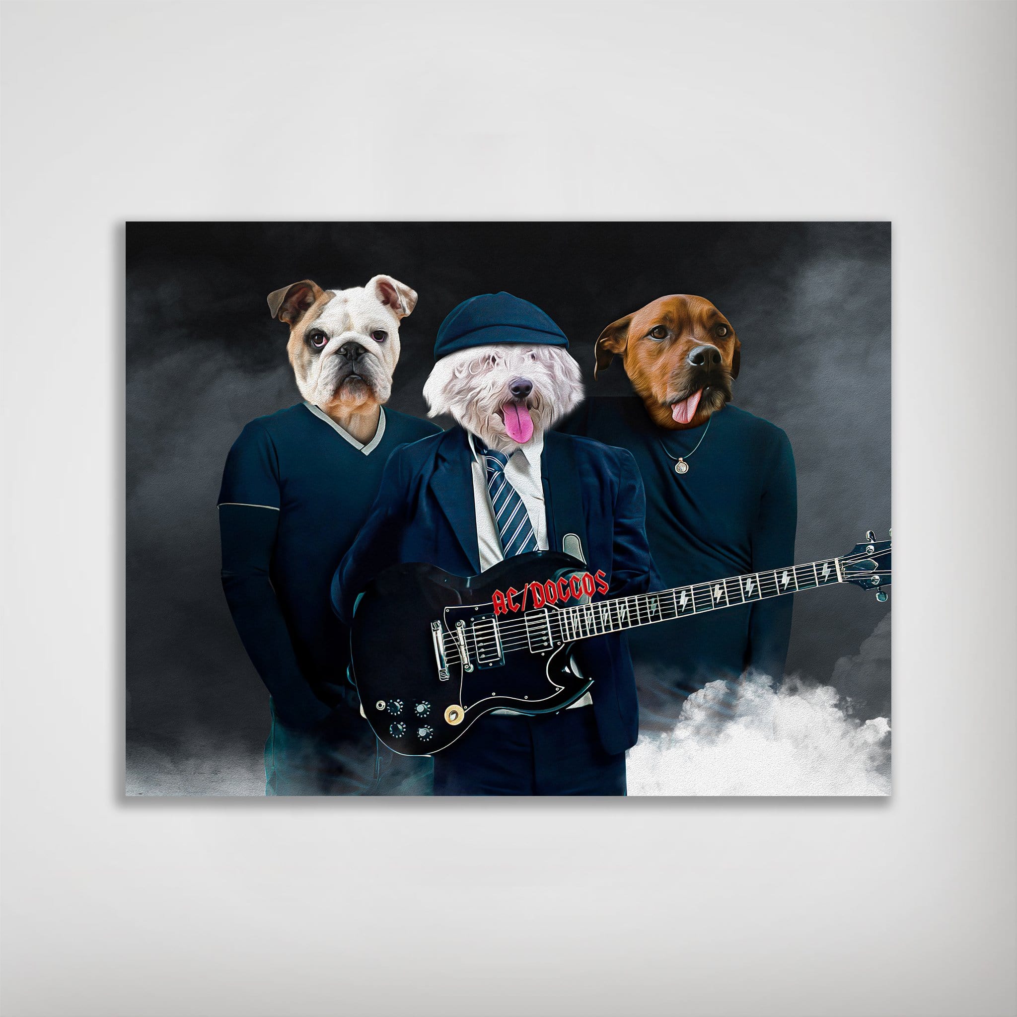Personalized AC/Doggos poster featuring three pets as rock band members with a guitar, matte finish.