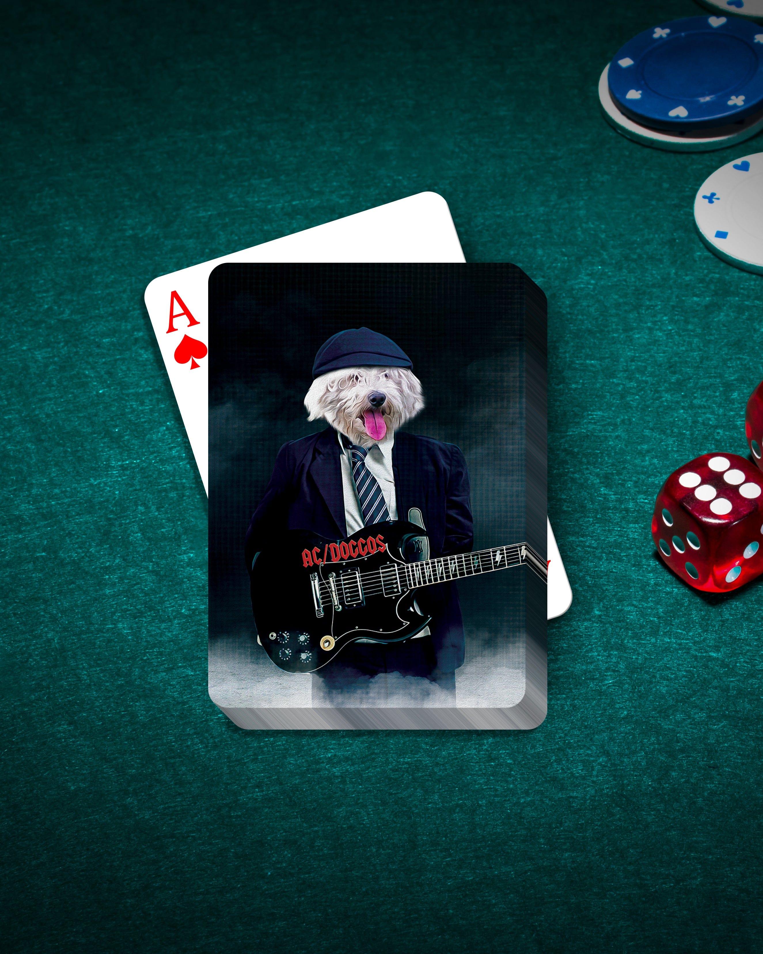 Custom AC/Doggos personalized playing cards featuring a dog in a suit playing guitar, on a green felt table with poker chips and dice.