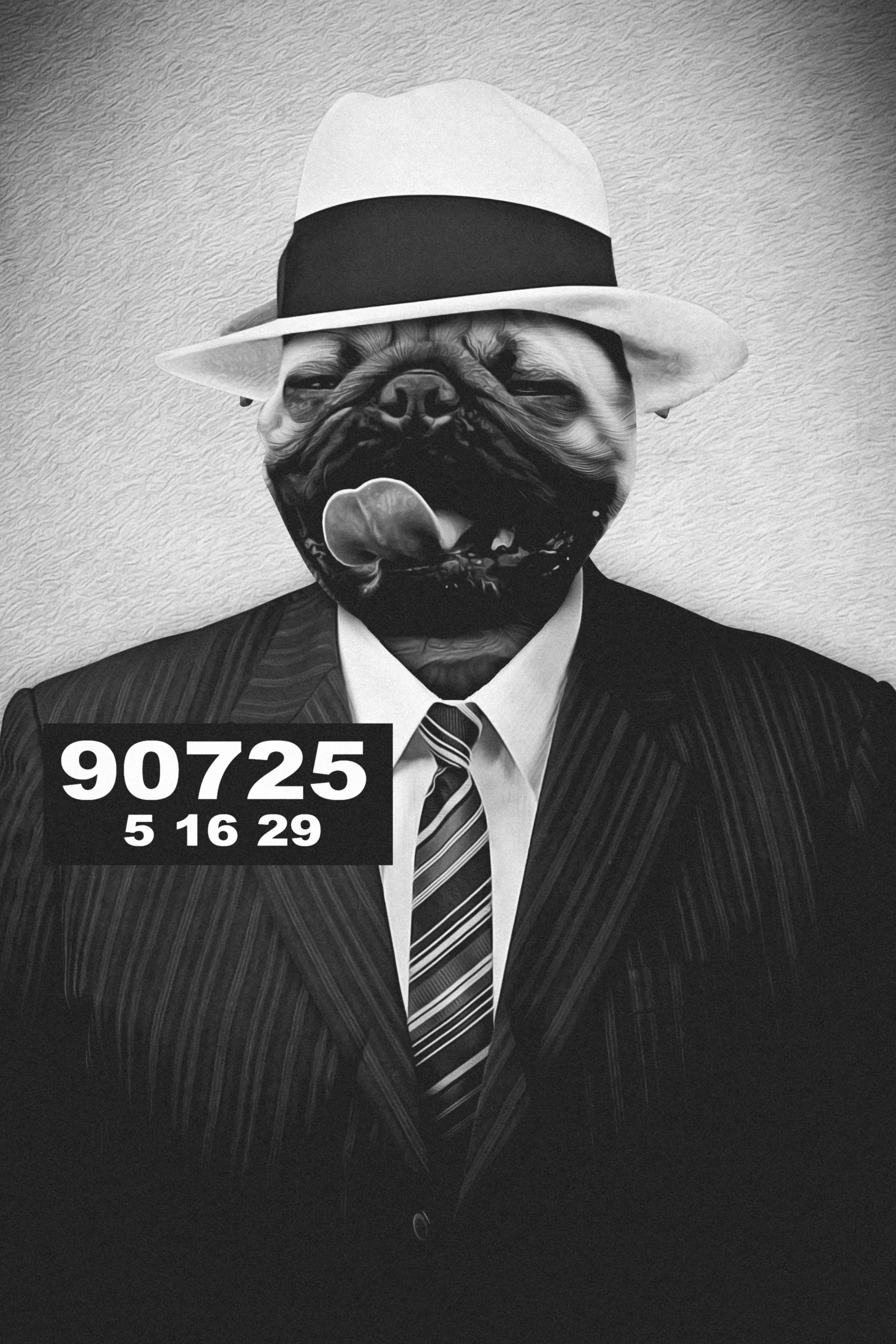 Personalized digital portrait of a pug dog dressed as a gangster in a fedora and pinstripe suit, black and white.