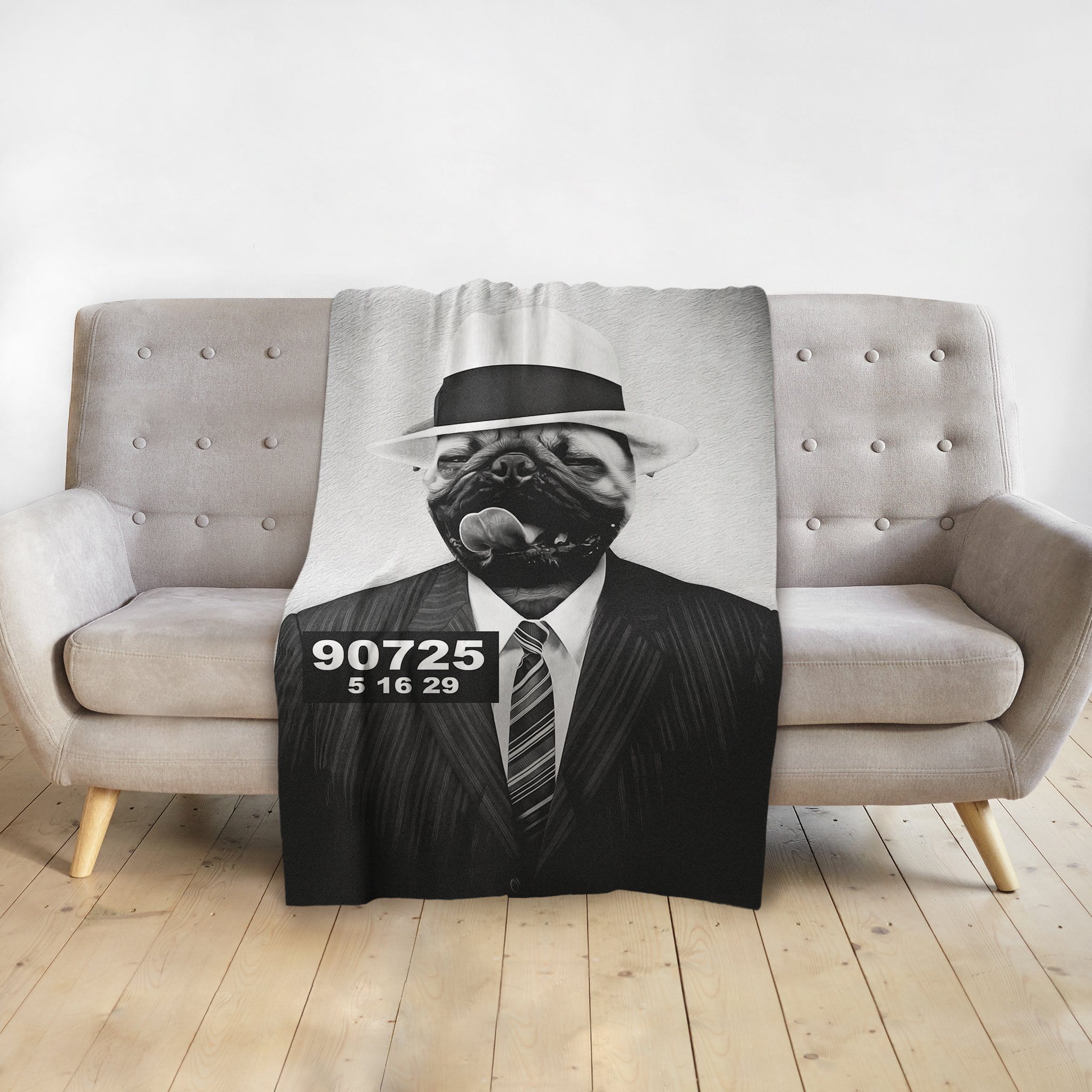 Personalized pet blanket with a black and white pug in a fedora and suit, styled as a mugshot.