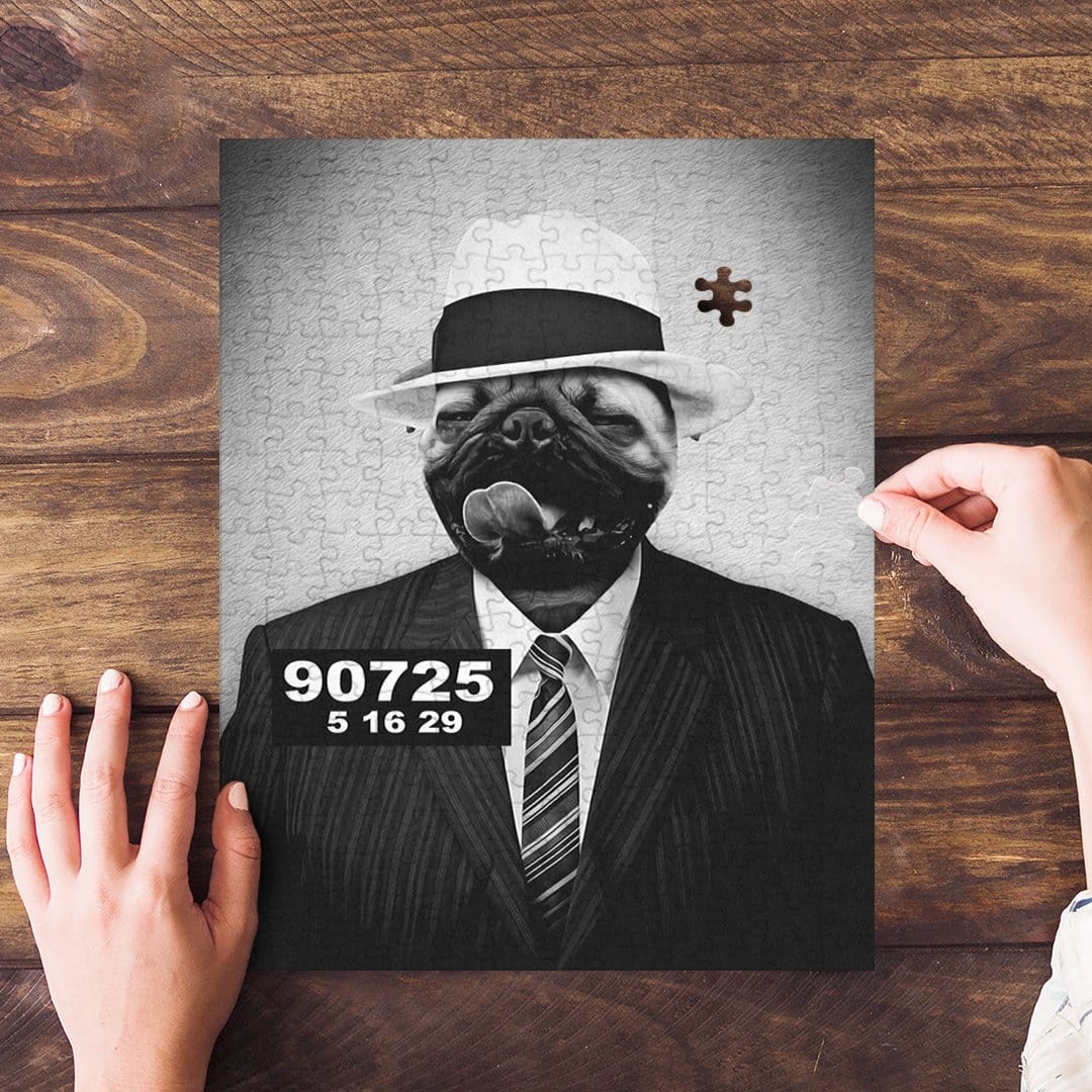 Personalized 'Al CaBone' pet puzzle featuring a pug in a fedora and pinstripe suit, black and white.