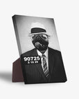 Black and white standing canvas featuring a pug in a fedora and pinstripe suit, with a cigar and mugshot number.