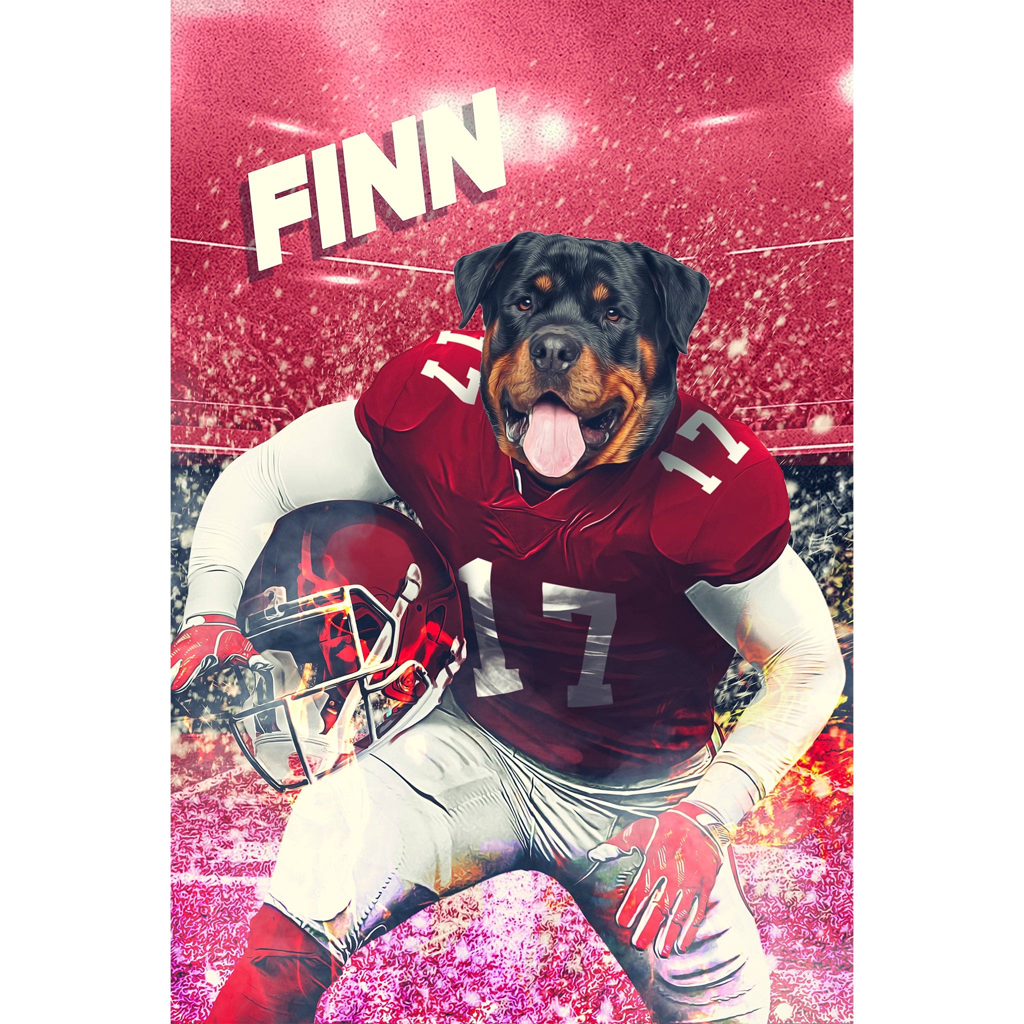 Custom digital portrait of a Rottweiler dog in a red football uniform at a stadium, named Finn.