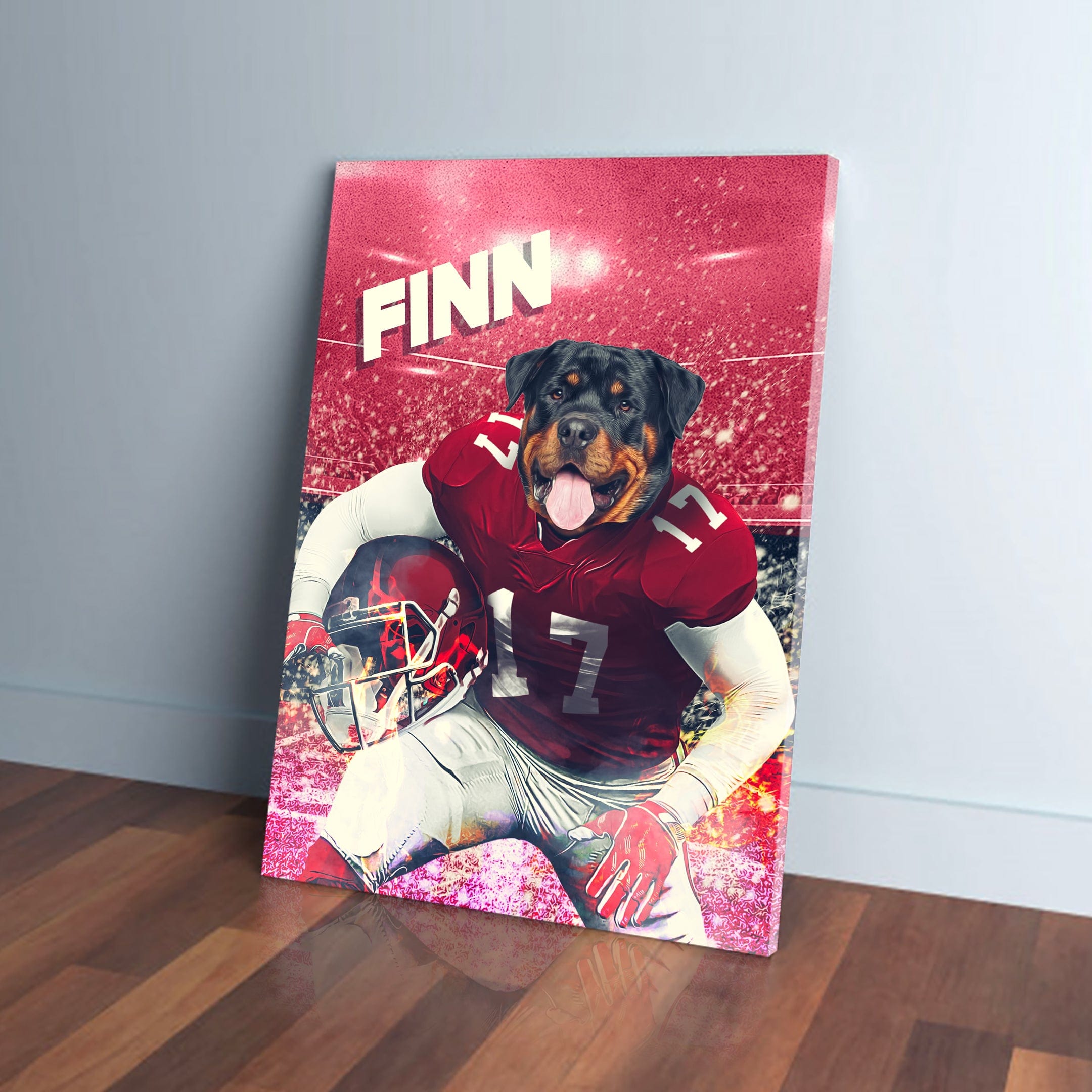Personalized pet canvas featuring a Rottweiler in a red football uniform with "FINN" and number 17.