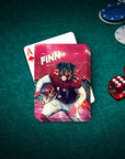 Personalized playing card featuring a Rottweiler in a football uniform, named FINN, on a green felt table.