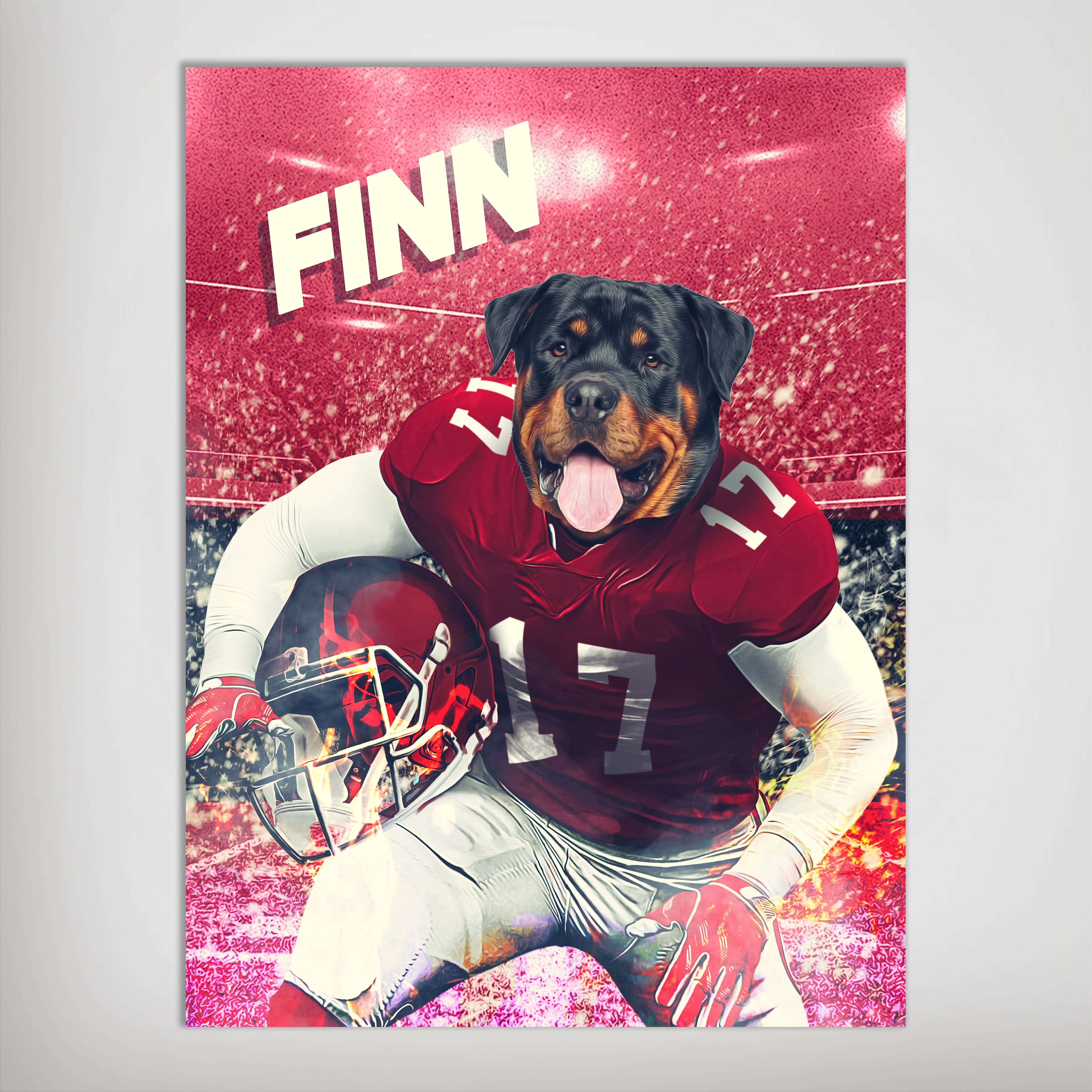 Personalized matte poster featuring a Rottweiler in a red football uniform with "FINN" above.
