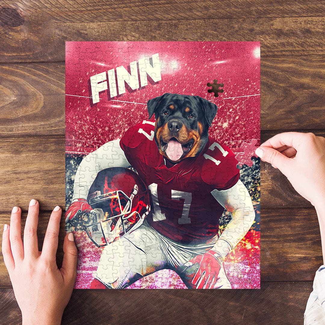 Personalized pet puzzle featuring a Rottweiler in a red football uniform at a stadium, with "FINN" above.
