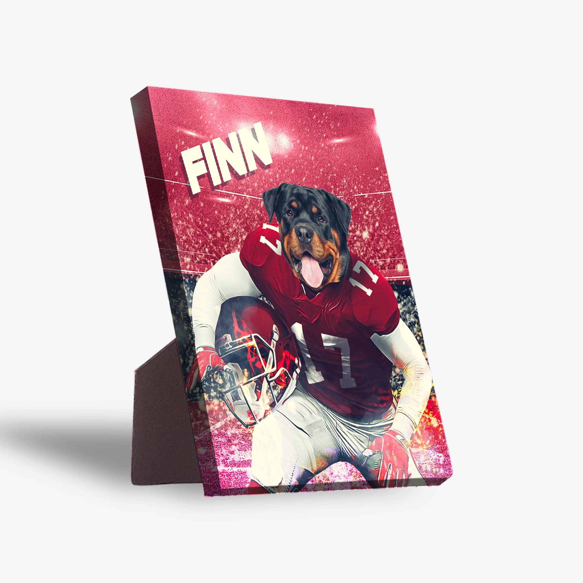 Personalized standing canvas featuring a Rottweiler in a red football uniform with "FINN" and stadium lights.