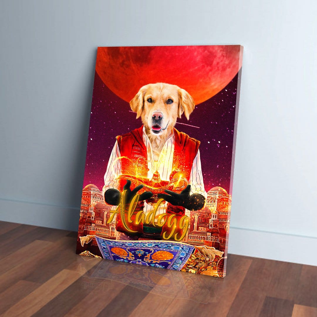 Personalized 'Aladogg' pet canvas featuring a golden retriever in a red vest holding a magic lamp, with a red moon and city in the background.