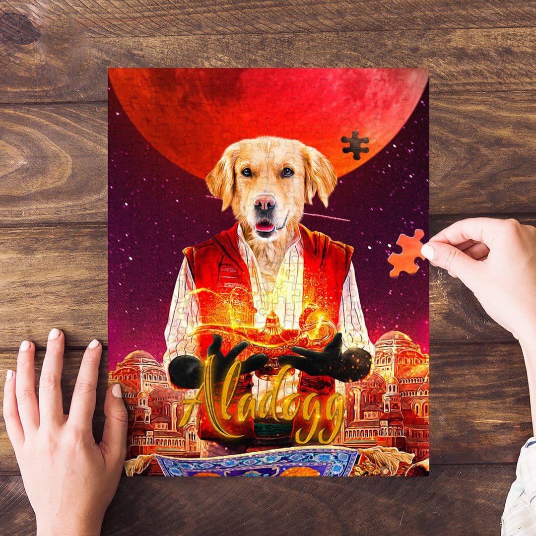 Personalized 'Aladogg' pet puzzle featuring a Golden Retriever in a royal costume, set against a red moon.