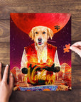 Personalized 'Aladogg' pet puzzle featuring a Golden Retriever in a royal costume, set against a red moon.