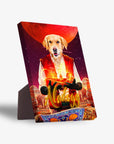 Personalized Aladogg pet standing canvas featuring a Golden Retriever in an Aladdin costume, with a red moon backdrop.