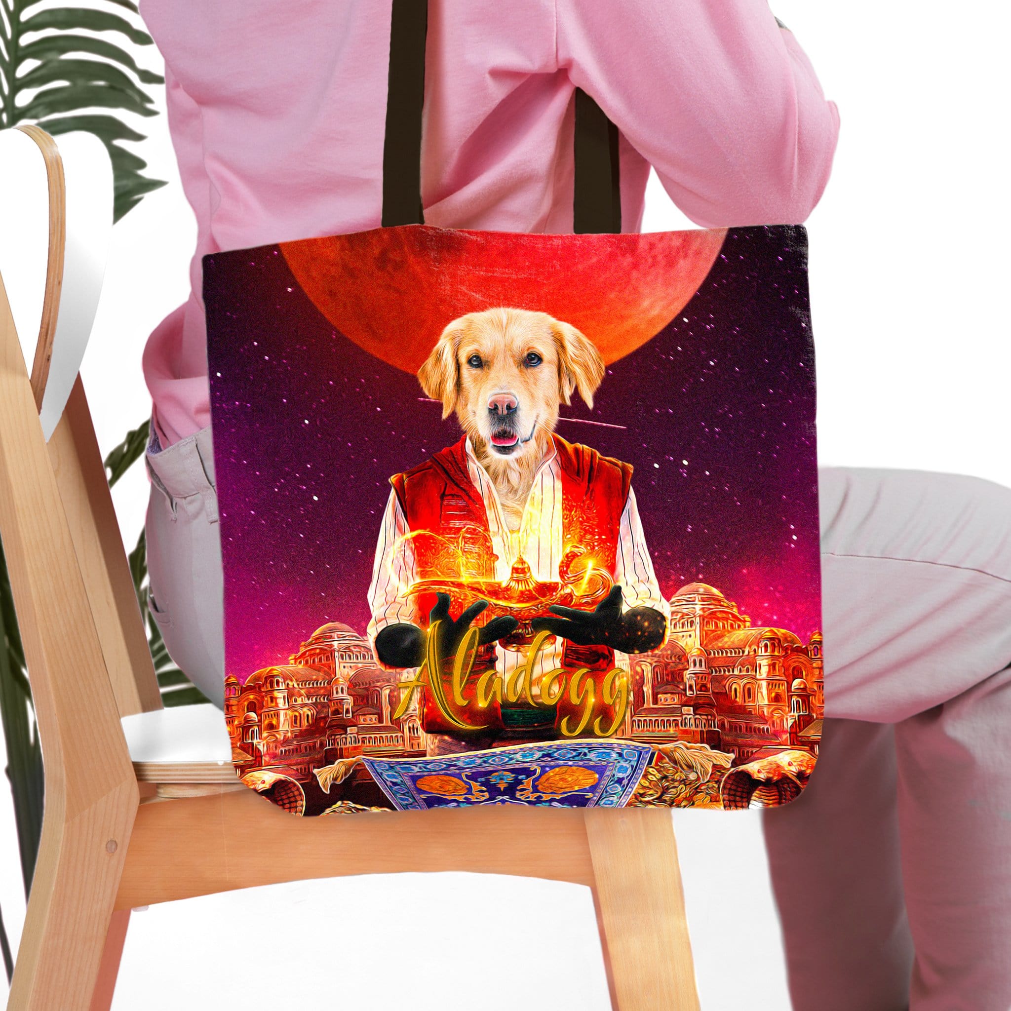 Personalized Aladogg tote bag with a custom golden retriever pet portrait in a vibrant, magical setting.