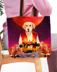 Personalized Aladogg tote bag with a custom golden retriever pet portrait in a vibrant, magical setting.