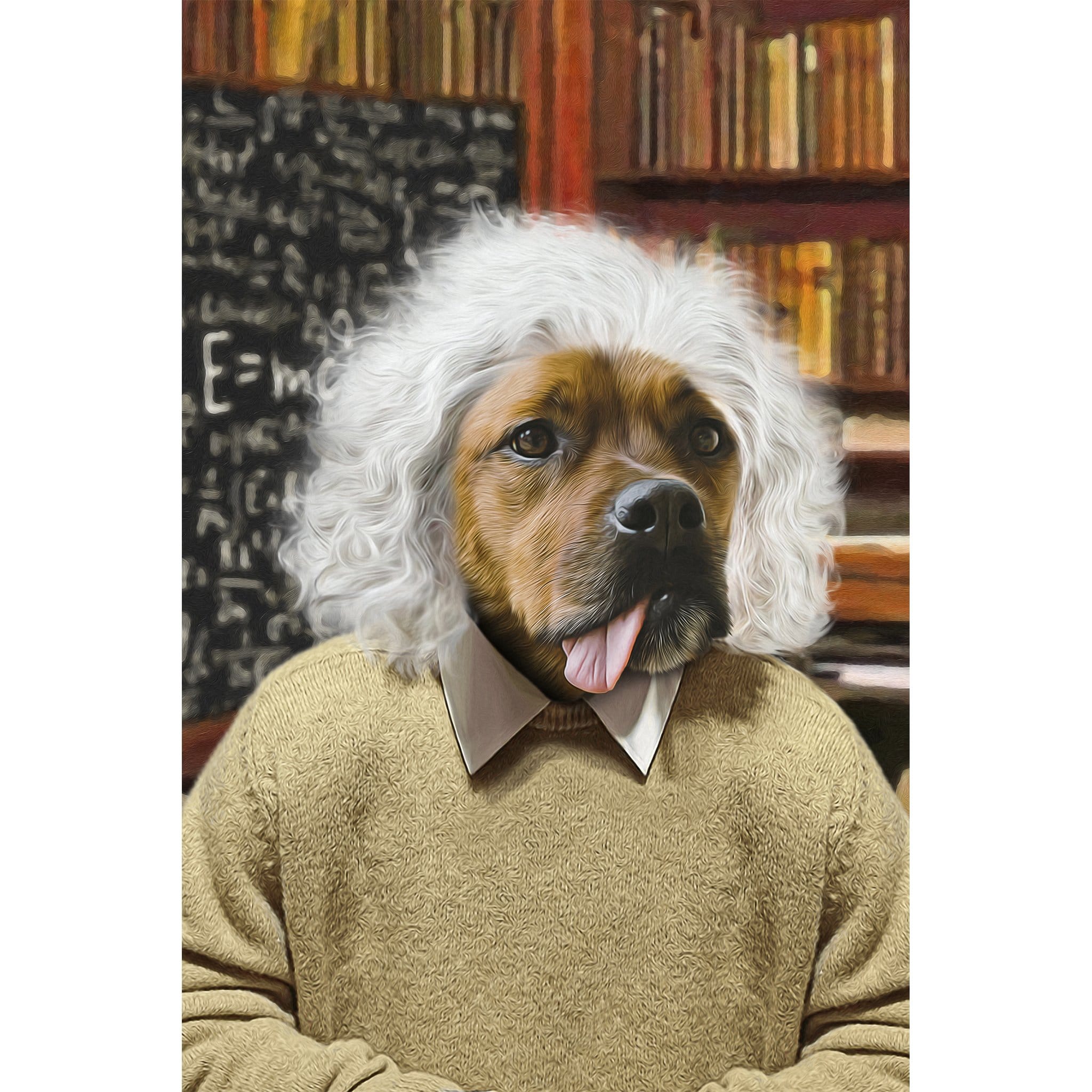 Custom digital portrait of a dog as Albert Pawstein with white hair, sweater, and a chalkboard background.