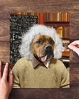 Personalized 'Albert Pawstein' dog portrait puzzle with a brown dog wearing a white wig and sweater.