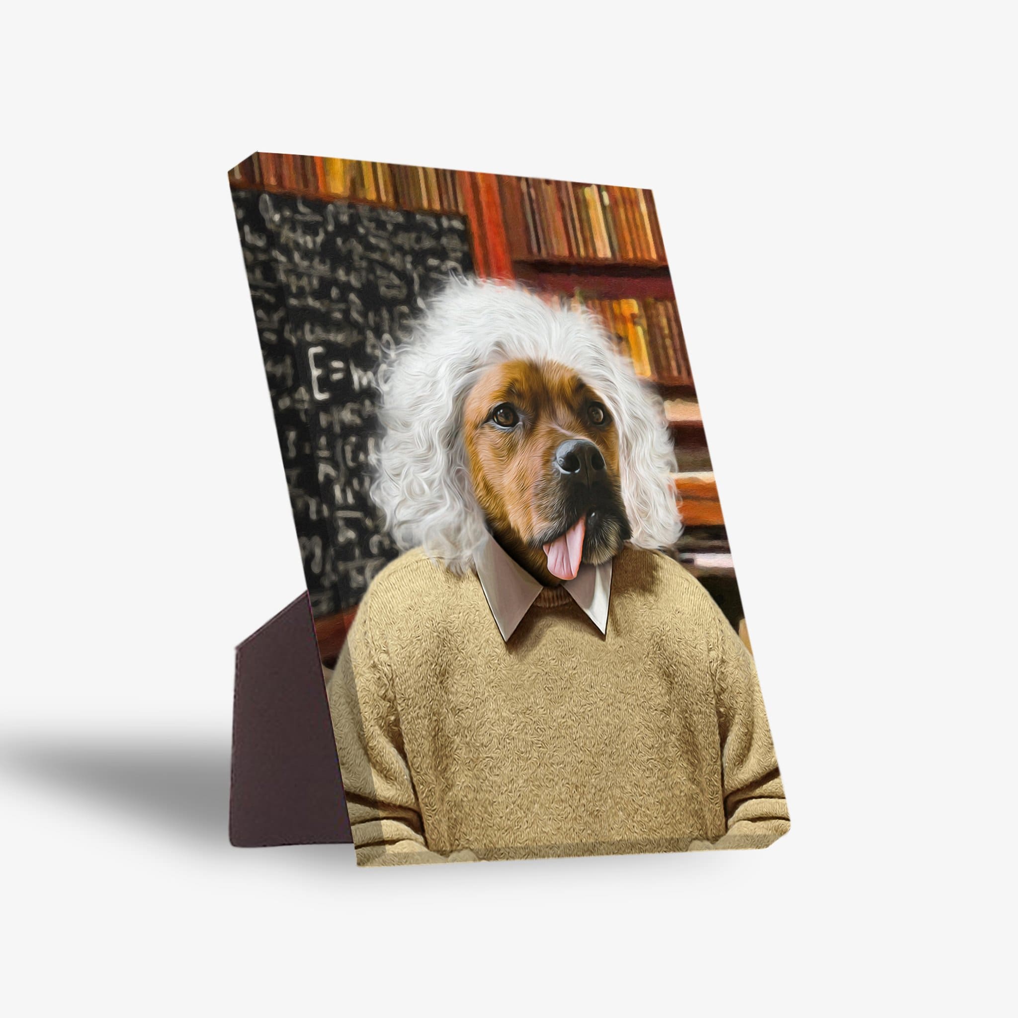 Personalized 'Albert Pawstein' pet portrait standing canvas featuring a dog with white hair and a tan sweater.