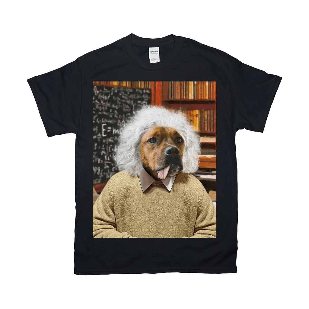 Black Gildan t-shirt with a personalized "Albert Pawstein" dog portrait wearing a sweater in a library.