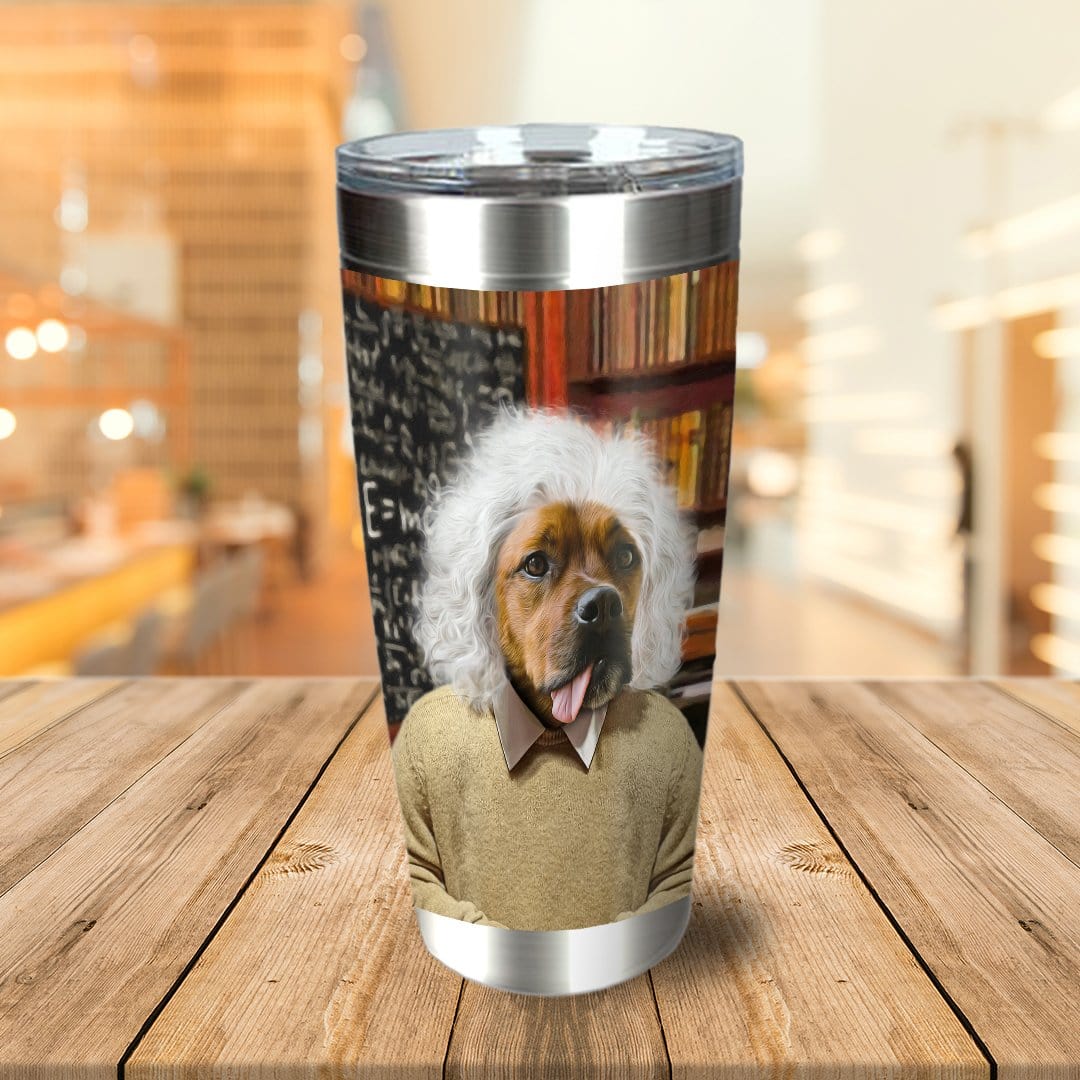 Personalized stainless steel tumbler featuring a dog in an "Albert Pawstein" renaissance portrait.