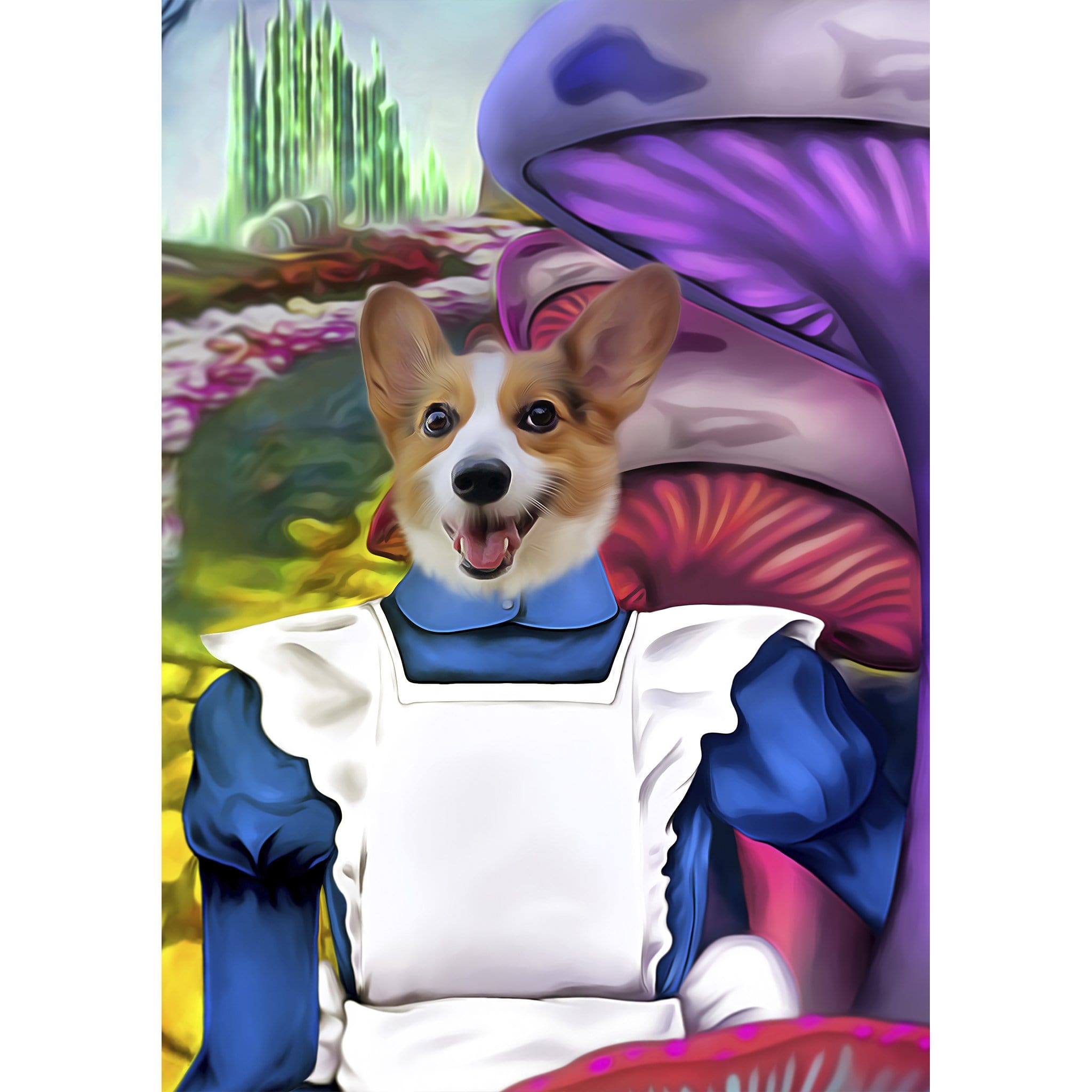 Custom digital portrait of a corgi in an Alice in Wonderland costume, surrounded by purple mushrooms.