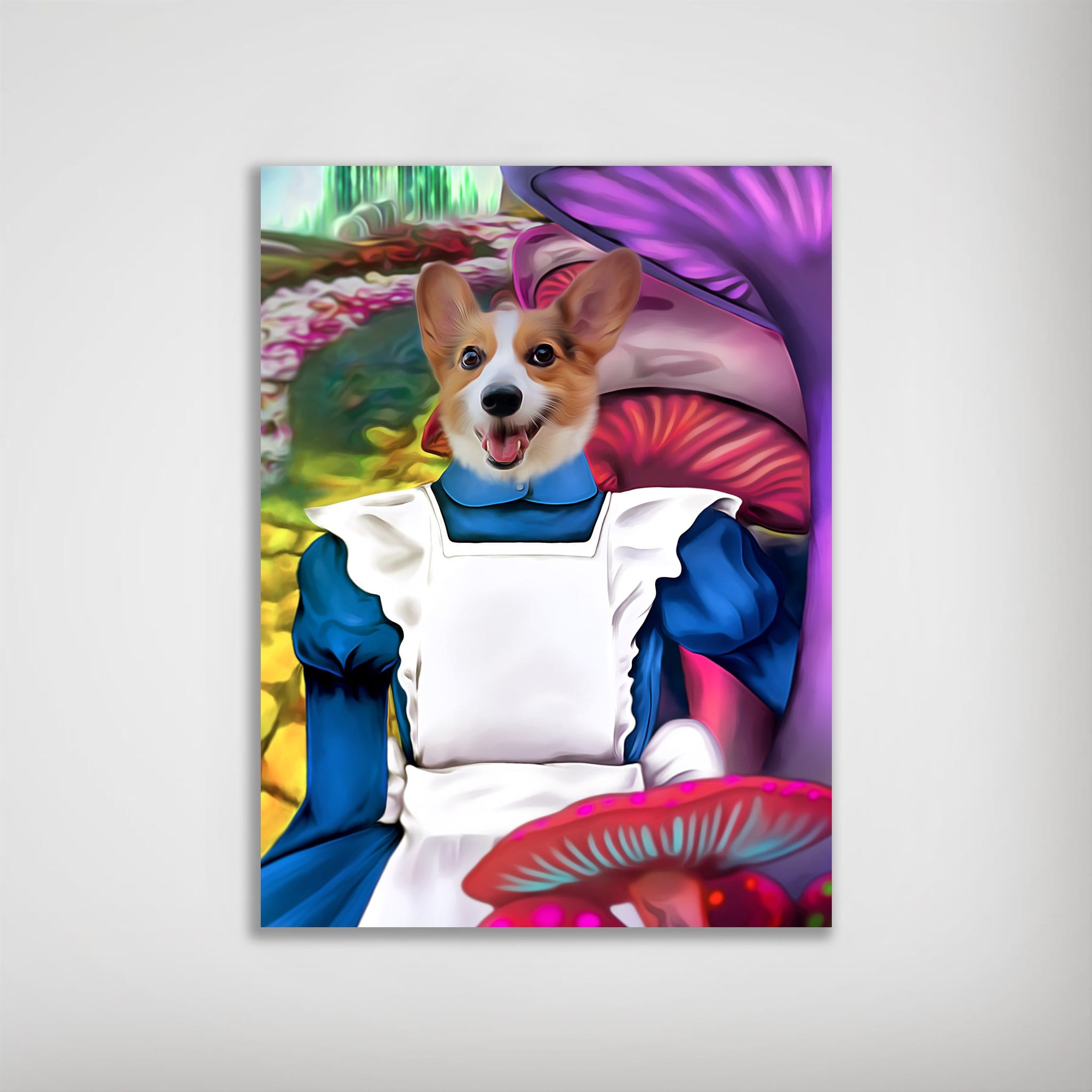 Personalized Alice in Doggoland poster featuring a corgi in a blue dress with white apron, surrounded by colorful mushrooms.