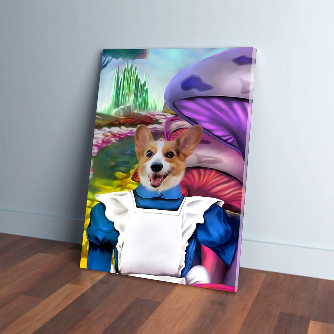 Custom pet portrait canvas featuring a corgi dressed as Alice in a whimsical wonderland scene.
