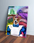 Custom pet portrait canvas featuring a corgi dressed as Alice in a whimsical wonderland scene.