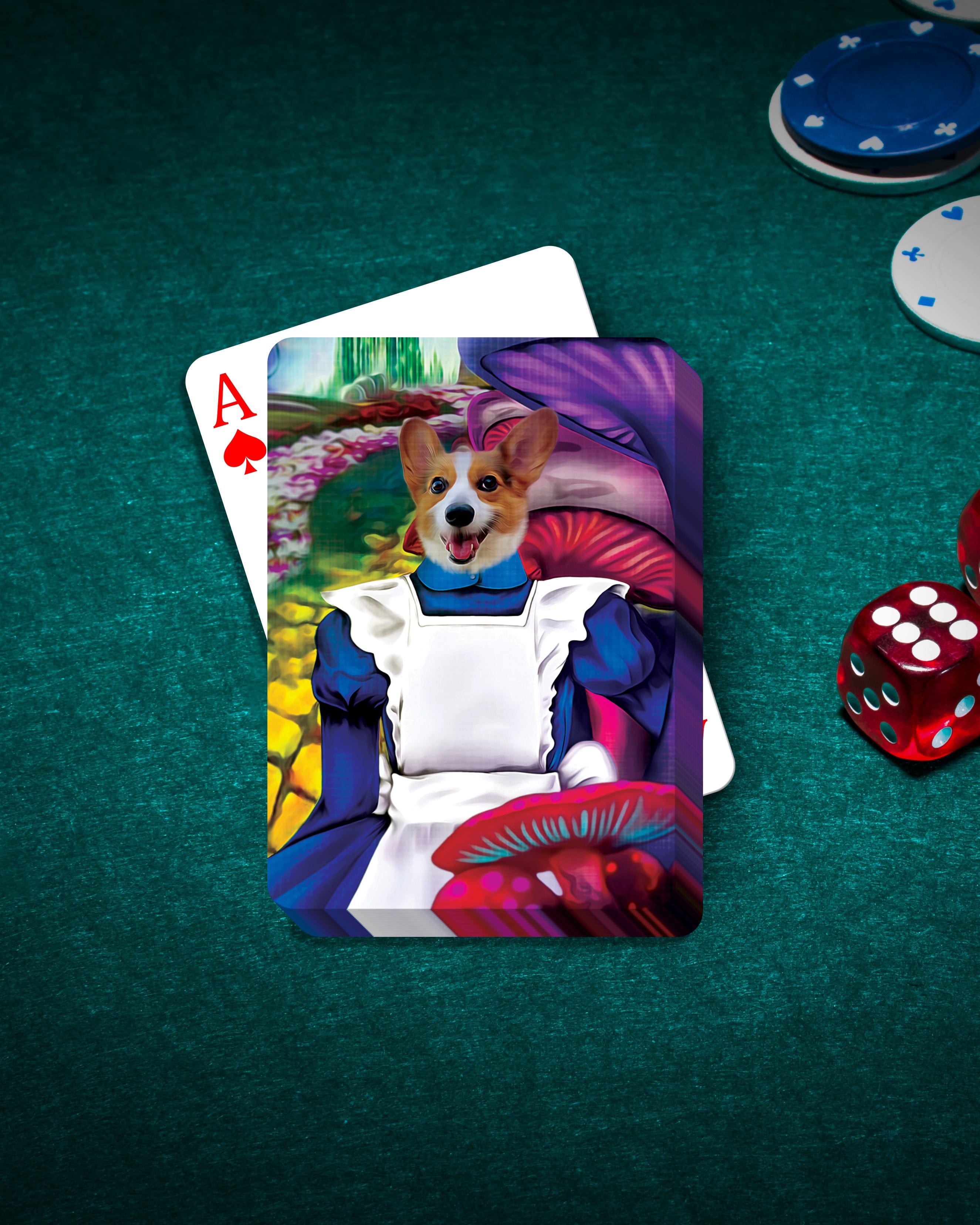 Personalized Alice in Doggoland playing card featuring a custom corgi pet portrait in an Alice costume.