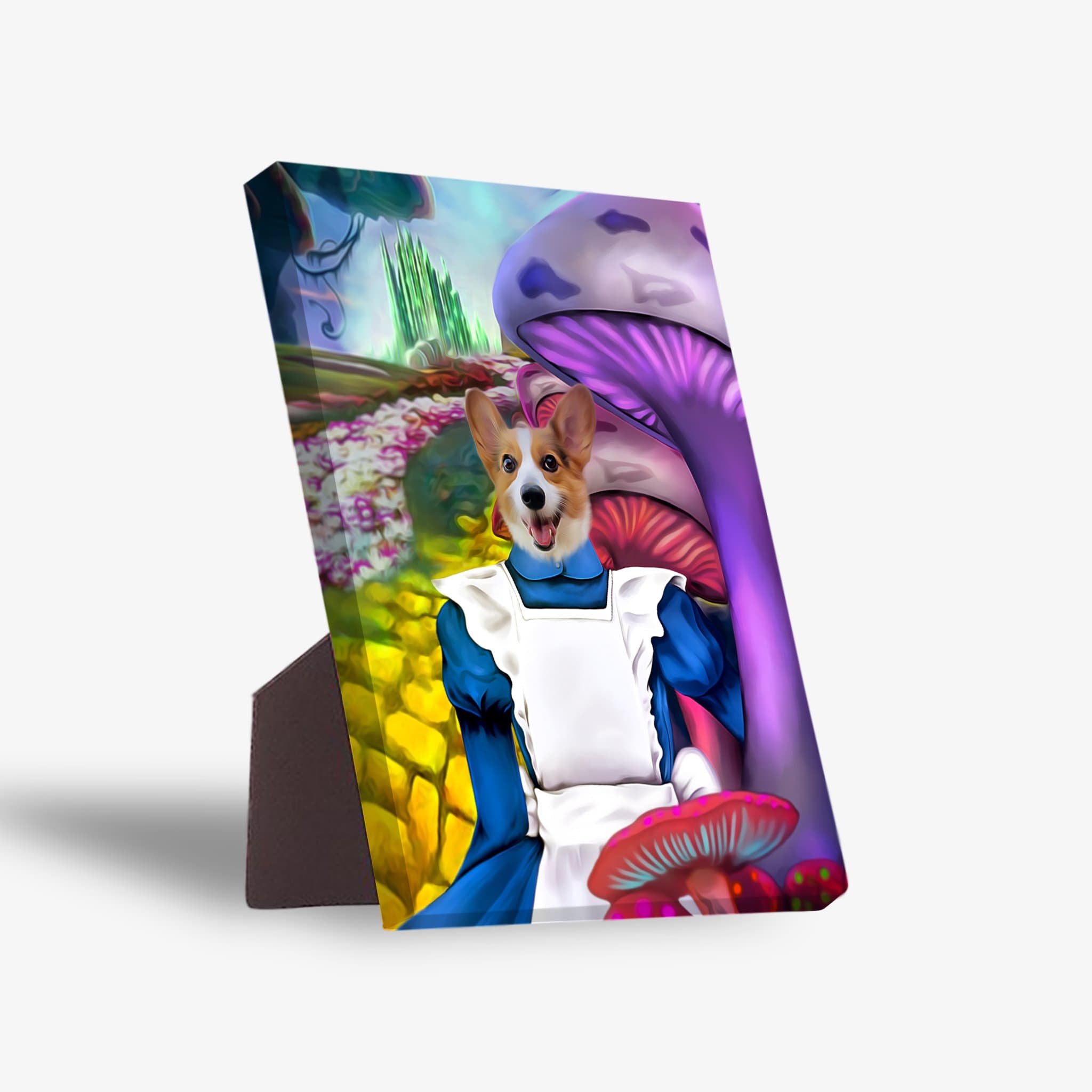 Personalized pet portrait canvas featuring a corgi dressed as Alice in a whimsical wonderland with purple mushrooms.