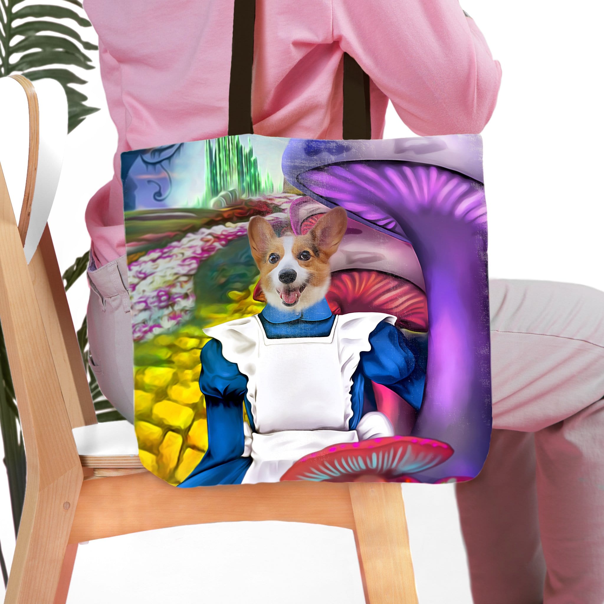 Personalized Alice in Doggoland tote bag featuring a custom Corgi pet portrait in an Alice costume.