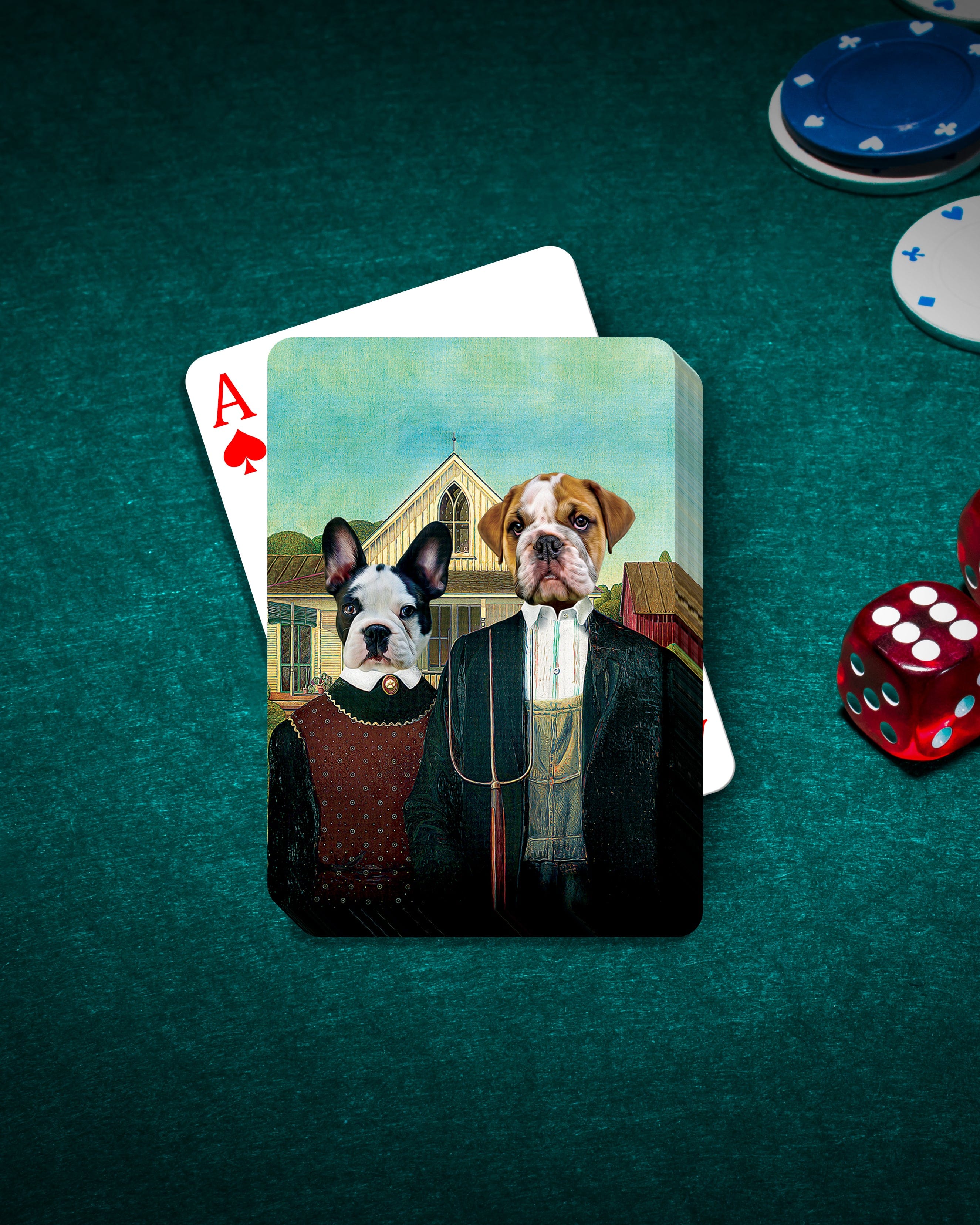 Personalized 'American Pawthic' playing cards featuring two custom pet portraits, on a green felt table with poker chips and dice.